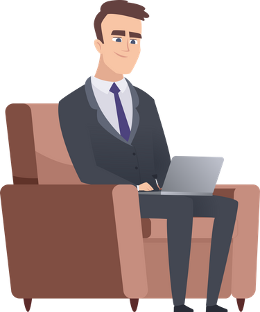 Businessman sitting on armchair while working on laptop  Illustration