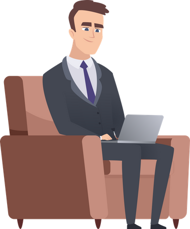 Businessman sitting on armchair while working on laptop Illustration