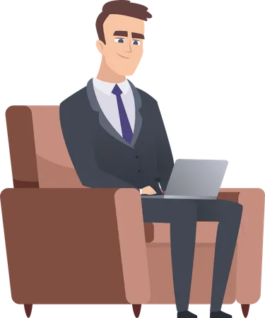 Businessman sitting on armchair while working on laptop  Illustration