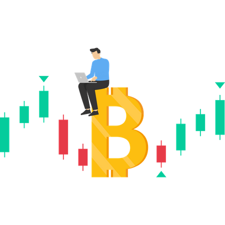 Businessman sitting on bitcoin and working on laptop  Illustration