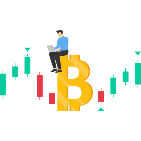 Businessman Investor Using Computer To Trade Crypto In Big Bitcoin With Candlestick Price Chart Chart Bitcoin And Cryptocurrency Investment Crypto Trading Make Profit And Income From Bitcoin Price Illustration
