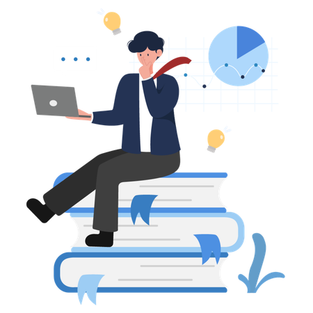 Businessman sitting on books with a laptop  イラスト