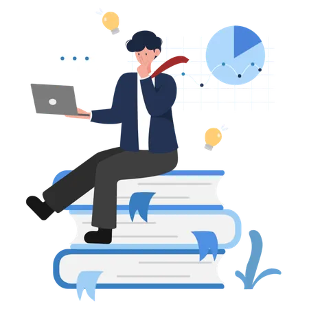 Business Analysis Vector Illustration A Businessman Sitting On Books With A Laptop Analyzing Data And Graphs Ideal For Business Presentations Educational Materials And Digital Projects Illustration