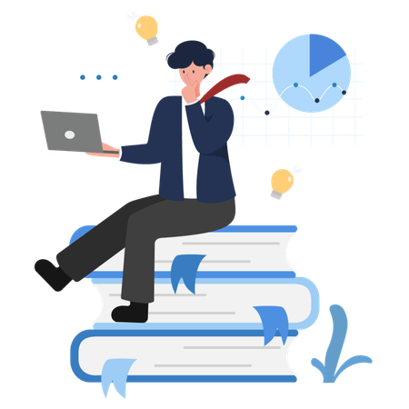 Businessman sitting on books with a laptop  Illustration