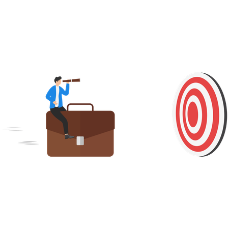 Businessman sitting on briefcase while looking business goal using binoculars  Illustration