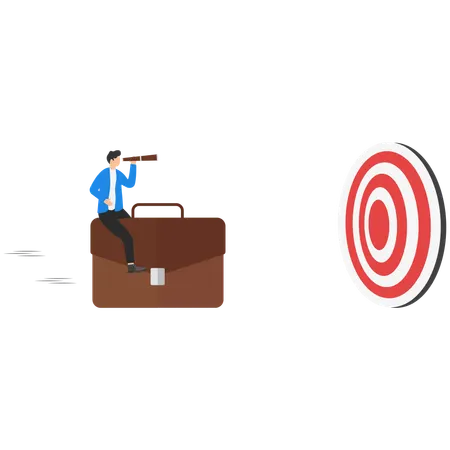 Businessman sitting on briefcase while looking business goal using binoculars  Illustration