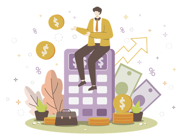 Businessman sitting on calculator with money and growth symbols  Illustration