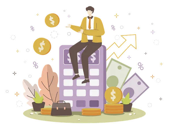 Businessman sitting on calculator with money and growth symbols  Illustration