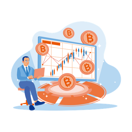 Businessman Sitting On  Chair And Holding Laptop Looking At Stock Market Graph In Office  Illustration