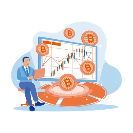 Businessman Sitting On  Chair And Holding Laptop Looking At Stock Market Graph In Office  Illustration