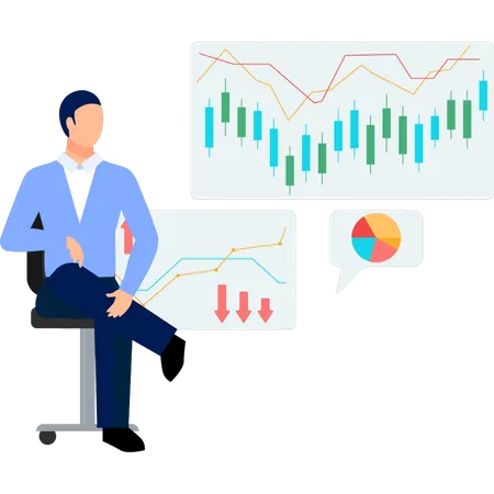 Businessman sitting on chair while watching candle stick chart  Illustration