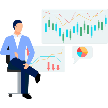 Businessman sitting on chair while watching candle stick chart  Illustration