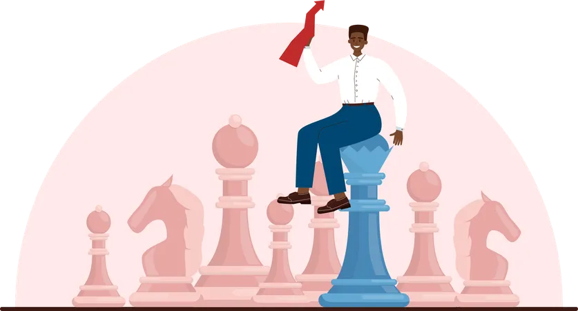 Businessman sitting on chess piece while holding growth chart  Illustration