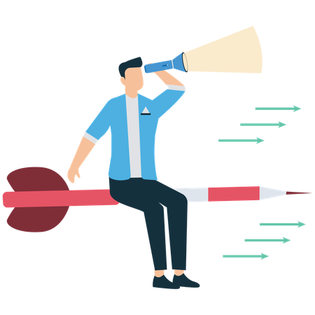 Businessman sitting on dart arrow while finding business vision  Illustration