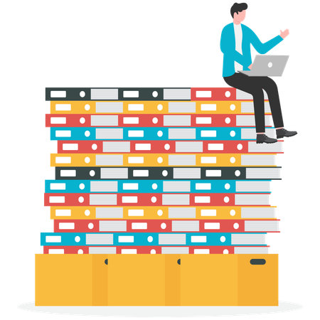 Businessman sitting on documents while working on laptop  Illustration
