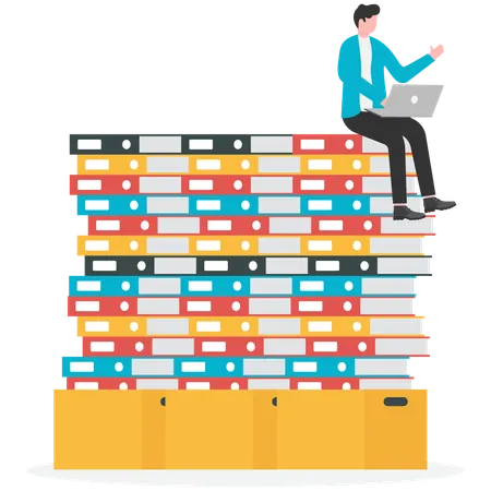 Businessman sitting on documents while working on laptop  Illustration