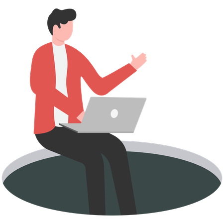 Businessman sitting on edge of dark hole  Illustration