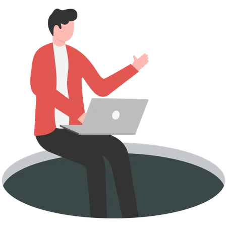 Businessman sitting on edge of dark hole  Illustration