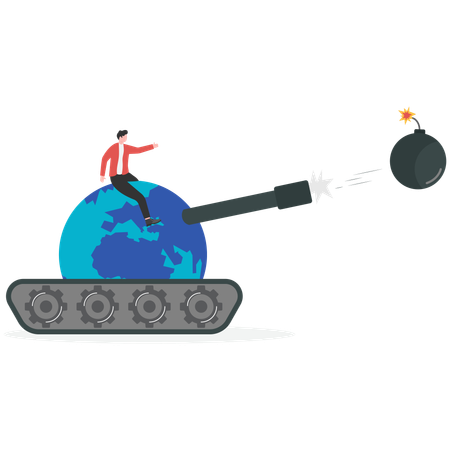 Businessman sitting on global tank while knock bomb  Illustration