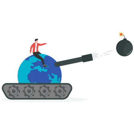 Businessman sitting on global tank while knock bomb  Illustration