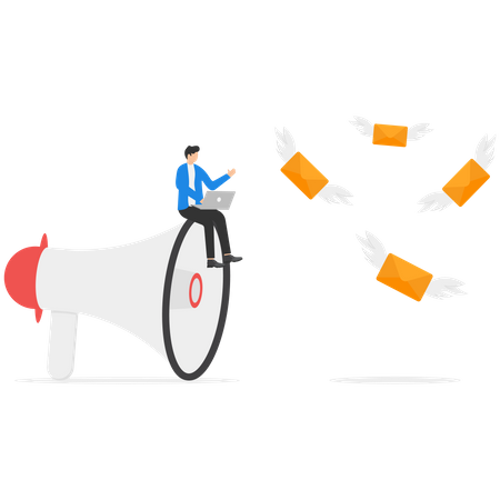 Businessman sitting on loudspeaker ready to send digital letters in form of flying letters  Illustration
