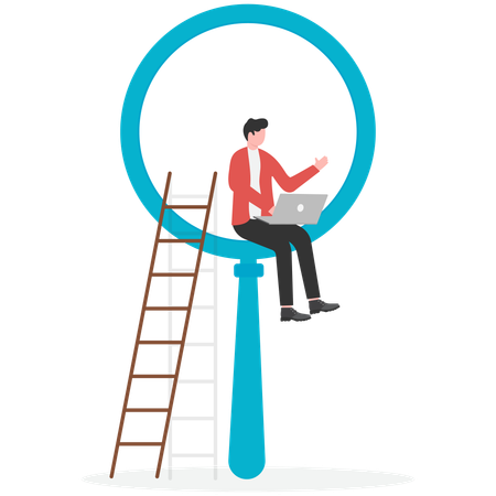 Businessman sitting on magnifier glass while doing business research  Illustration