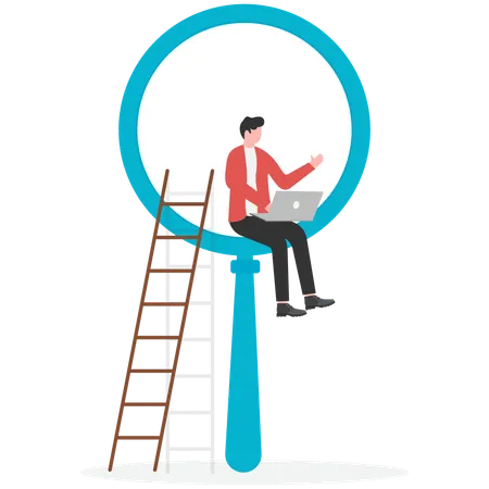 Businessman sitting on magnifier glass while doing business research  Illustration
