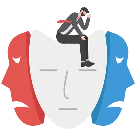 Businessman Sitting On Masks With Happy Or Sad Expressions Split Personality Mood Changes Bipolar Disorder Vector Illustration Illustration