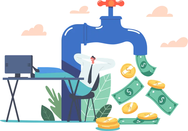 Businessman Sitting on Office Desk near Huge Tap with Money Flow Illustration