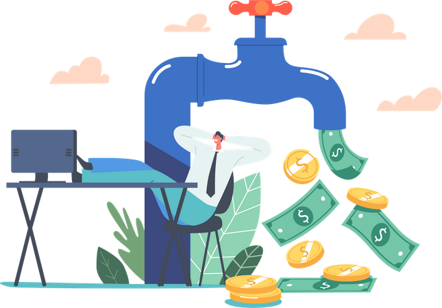 Businessman Sitting on Office Desk near Huge Tap with Money Flow  Illustration