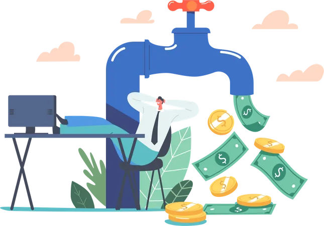 Businessman Sitting on Office Desk near Huge Tap with Money Flow  Illustration