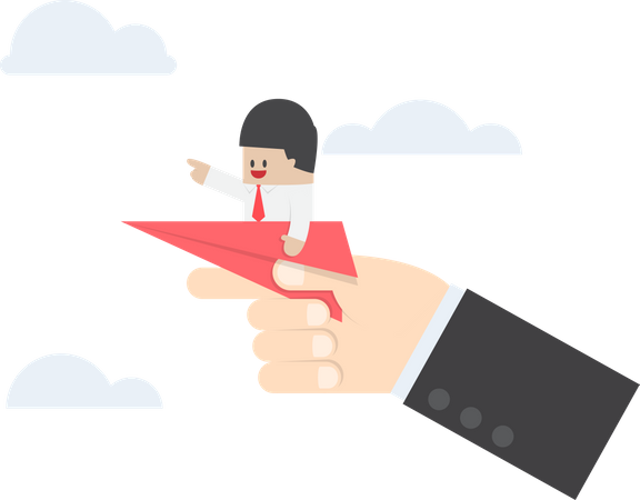 Businessman sitting on paper plane with big hand ready to throw Illustration