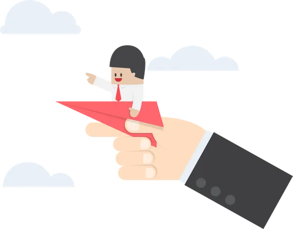 Businessman sitting on paper plane with big hand ready to throw  Illustration