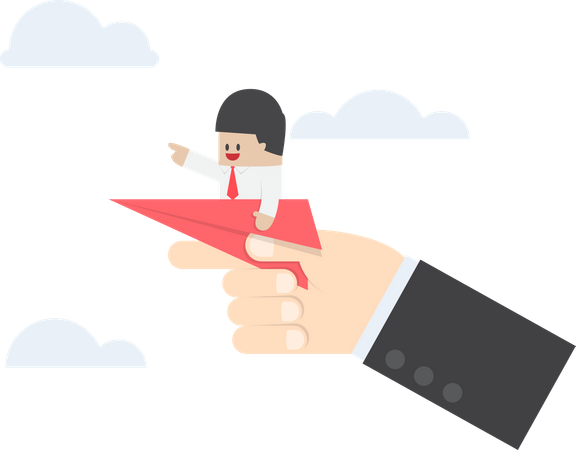 Businessman sitting on paper plane with big hand ready to throw  Illustration