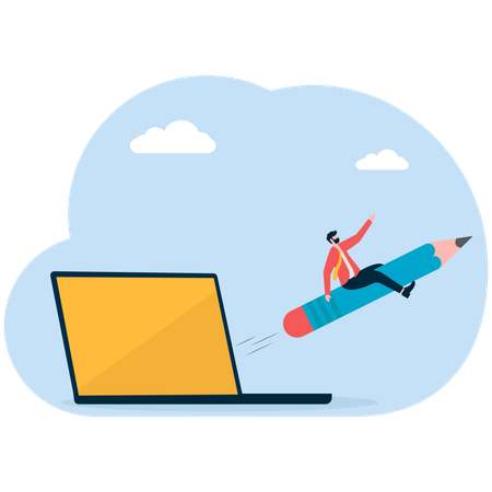 Businessman sitting on pencil while flying in air  Illustration