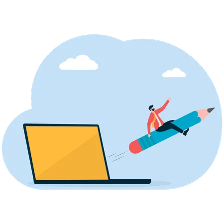 Businessman sitting on pencil while flying in air  Illustration