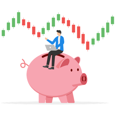 Businessman sitting on piggy bank and doing stock market analysis  Illustration