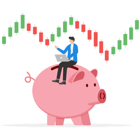 Businessman sitting on piggy bank and doing stock market analysis  Illustration