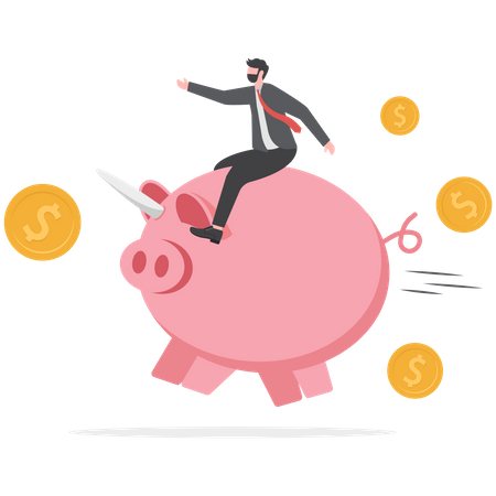Businessman sitting on piggy bank and going for success  Illustration
