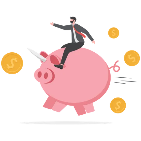 Financial Business Opportunity To Success In Red Ocean Competitors Or Winner Mutual Fund Or Stock Invest Concept Businessman Investor Riding Pink Piggy Bank With Unicorn Horn And Dollar Money Coins Illustration