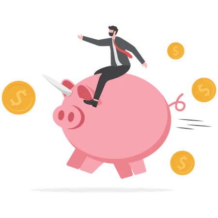 Businessman sitting on piggy bank and going for success  Illustration