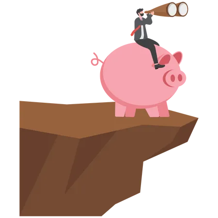 Businessman sitting on piggy bank and looking invest money  イラスト