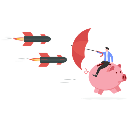 Businessman sitting on piggy bank while protecting from missile  Illustration