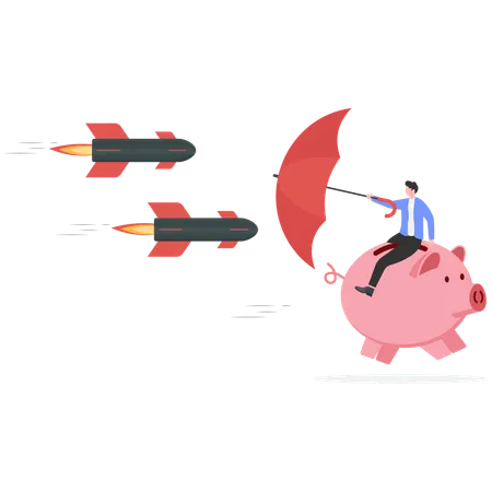 Businessman sitting on piggy bank while protecting from missile  Illustration