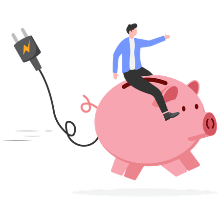 充電プラグを抜きながら貯金箱に座っているビジネスマン  イラスト