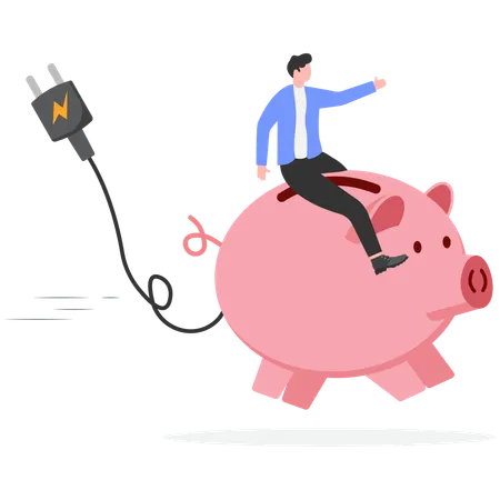 充電プラグを抜きながら貯金箱に座っているビジネスマン  イラスト