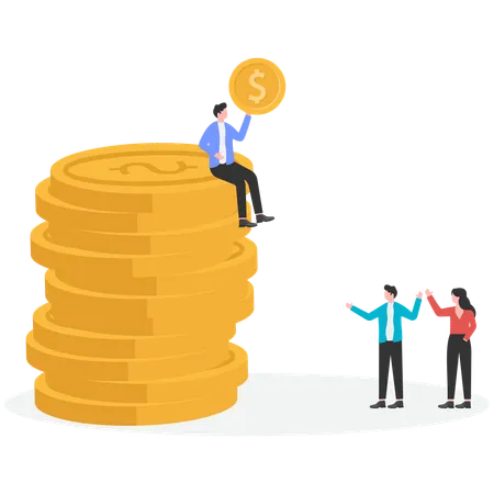 Businessman sitting on pile of money  Illustration