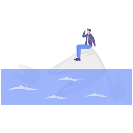 海の汚染を見ながらビニール袋の上に座っているビジネスマン  イラスト