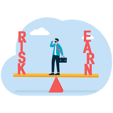 Businessman sitting on seesaw and thinking how to balance risk and reward  Illustration