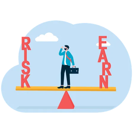 Businessman sitting on seesaw and thinking how to balance risk and reward  Illustration